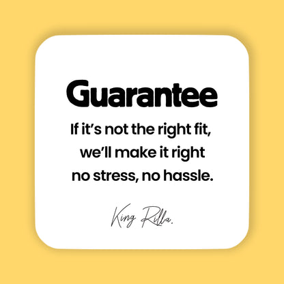 Guarantee statement on a yellow background with white text box.