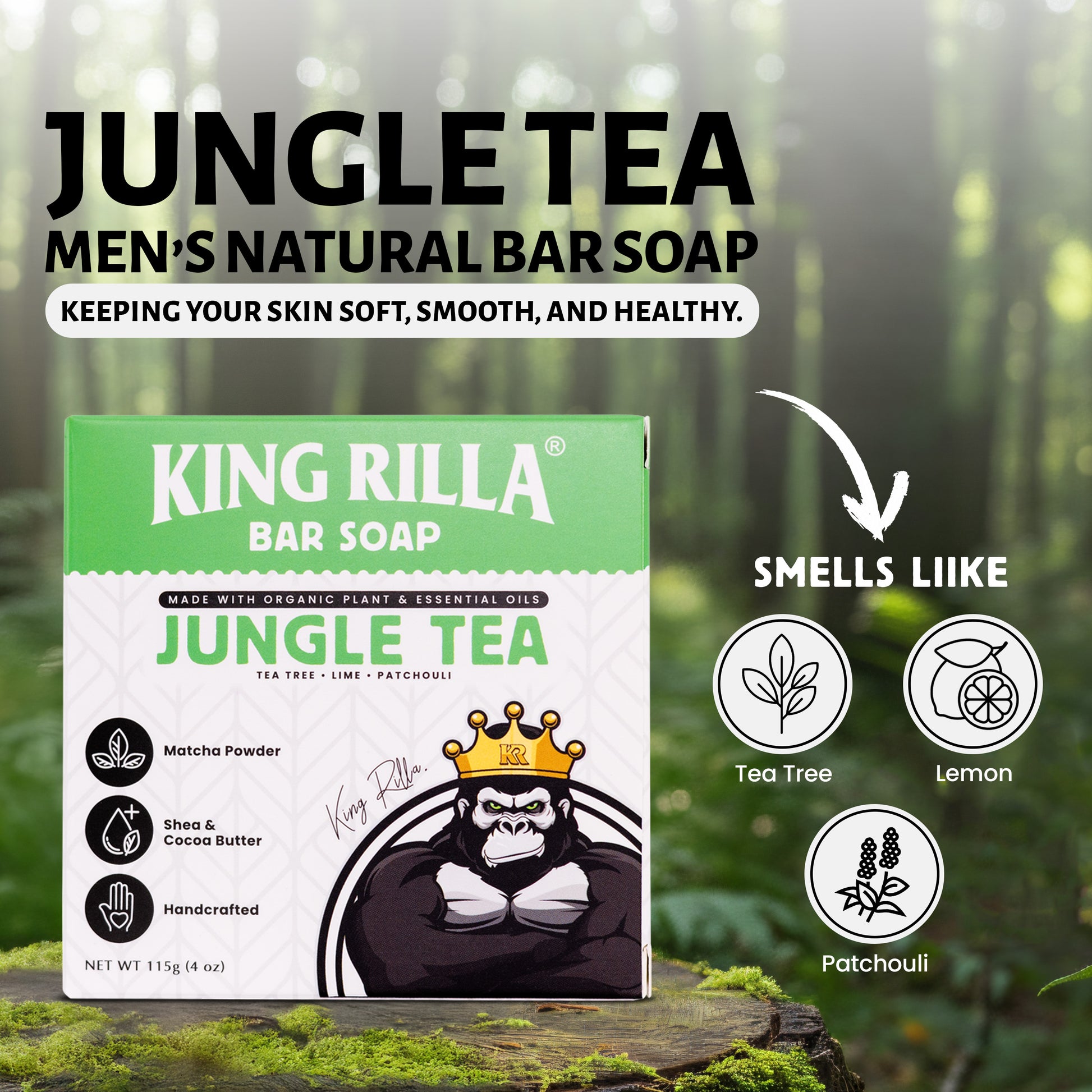 King Rilla Jungle Tea bar soap packaging with a natural background