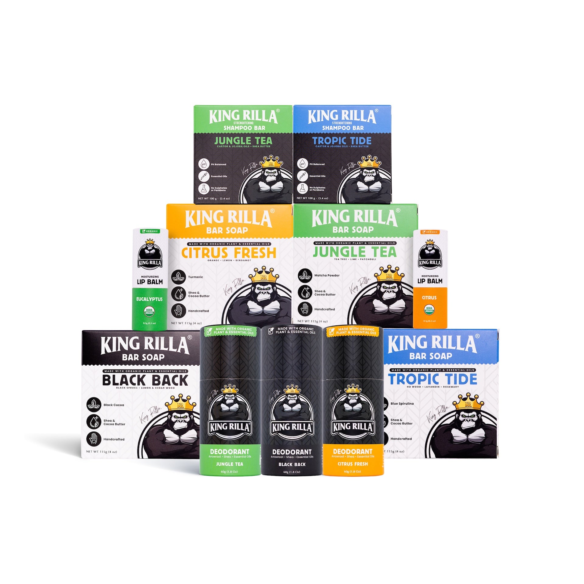 Collection of King Rilla personal care products including bars of soap, lip balms, and deodorants on a white background.