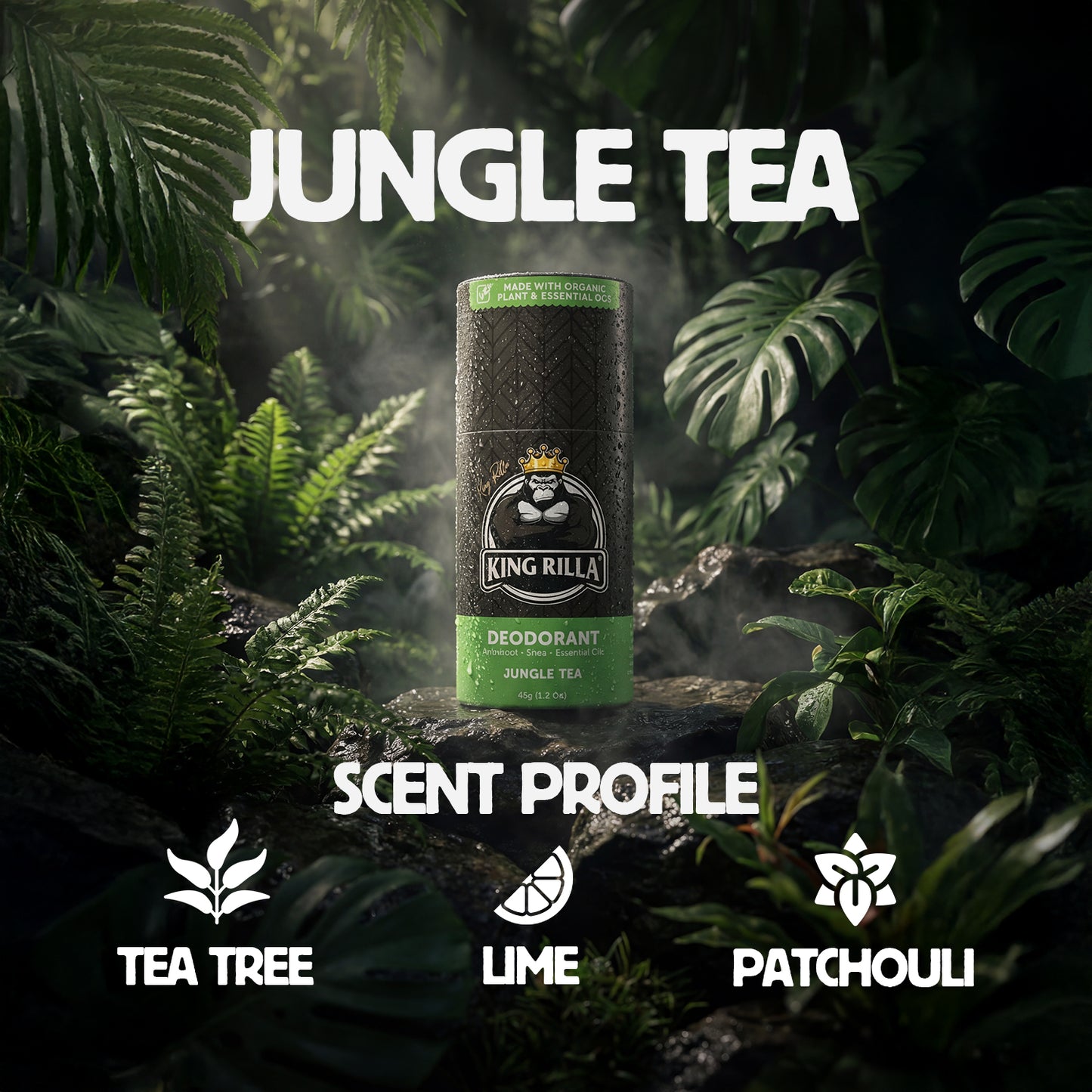 Deodorant bottle labeled 'King Rilla' with jungle tea scent profile on a forest background