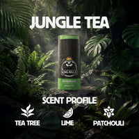 Deodorant bottle labeled 'King Rilla' with jungle tea scent profile on a forest background