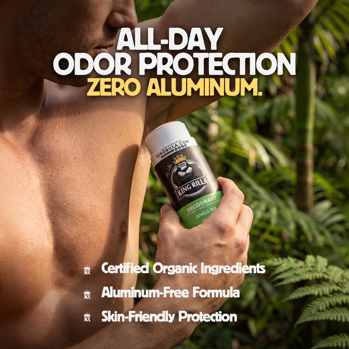 Man holding a King Killa deodorant can with text about all-day odor protection and zero aluminum.