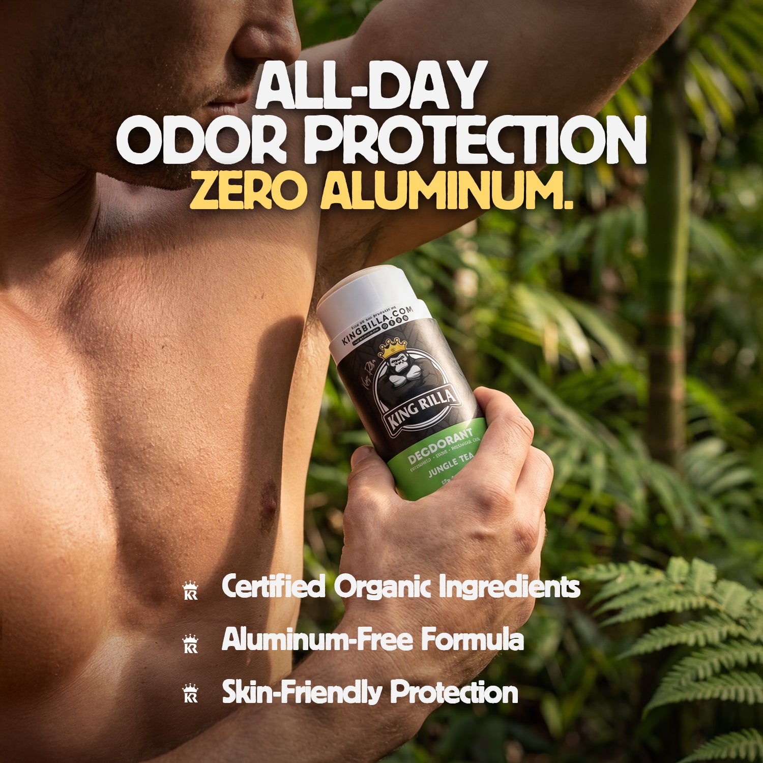 Man holding a King Killa deodorant can with text about all-day odor protection and zero aluminum.