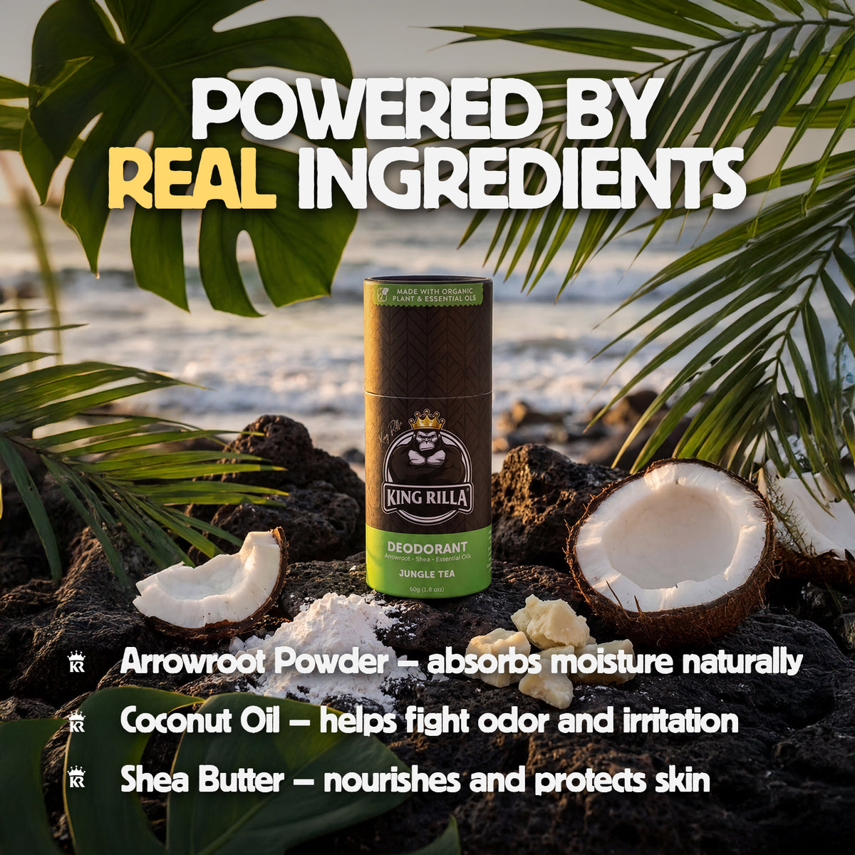 King Rilla deodorant can with natural ingredients on a beach background