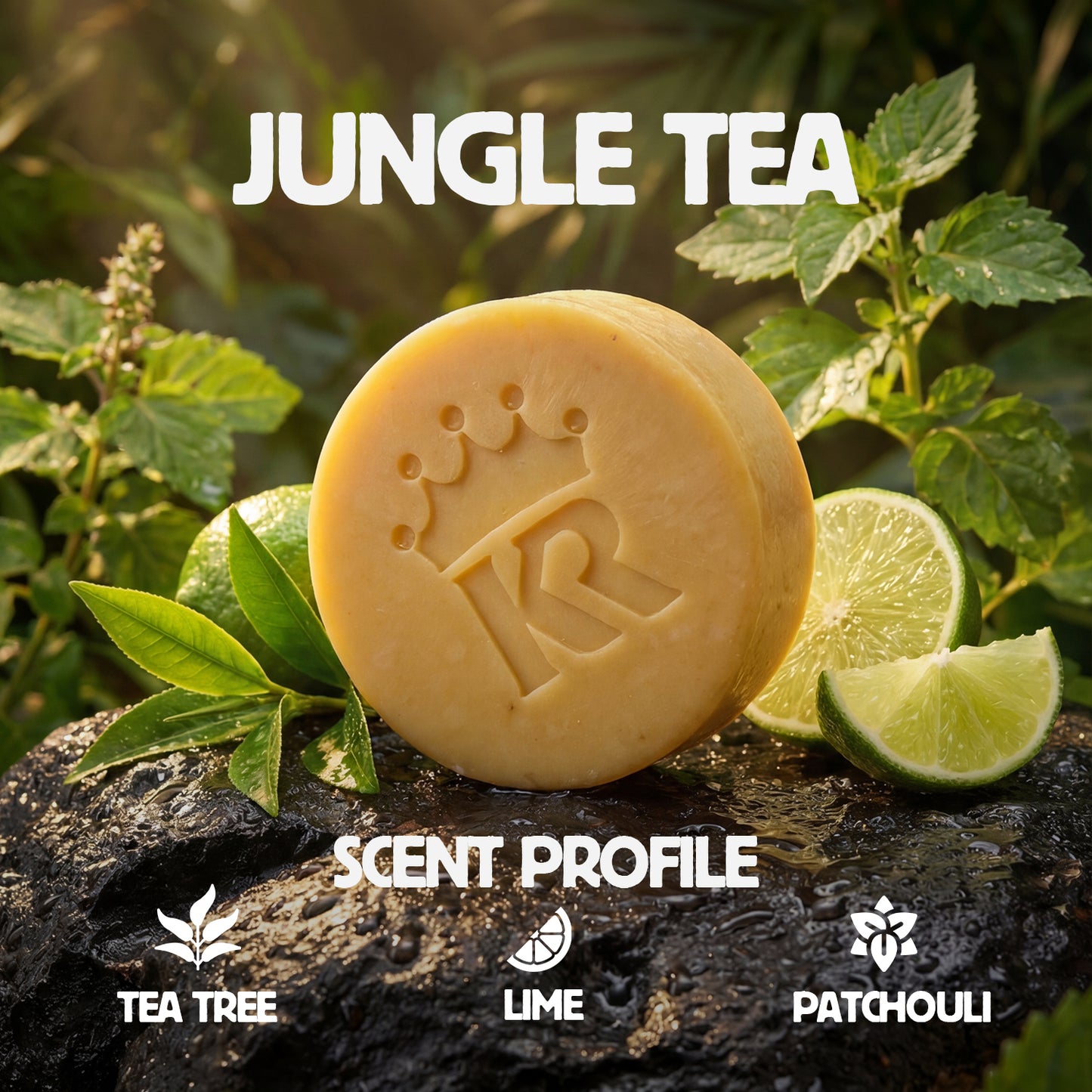Bar of soap with 'Jungle Tea' branding on a natural background with leaves and lime slices.