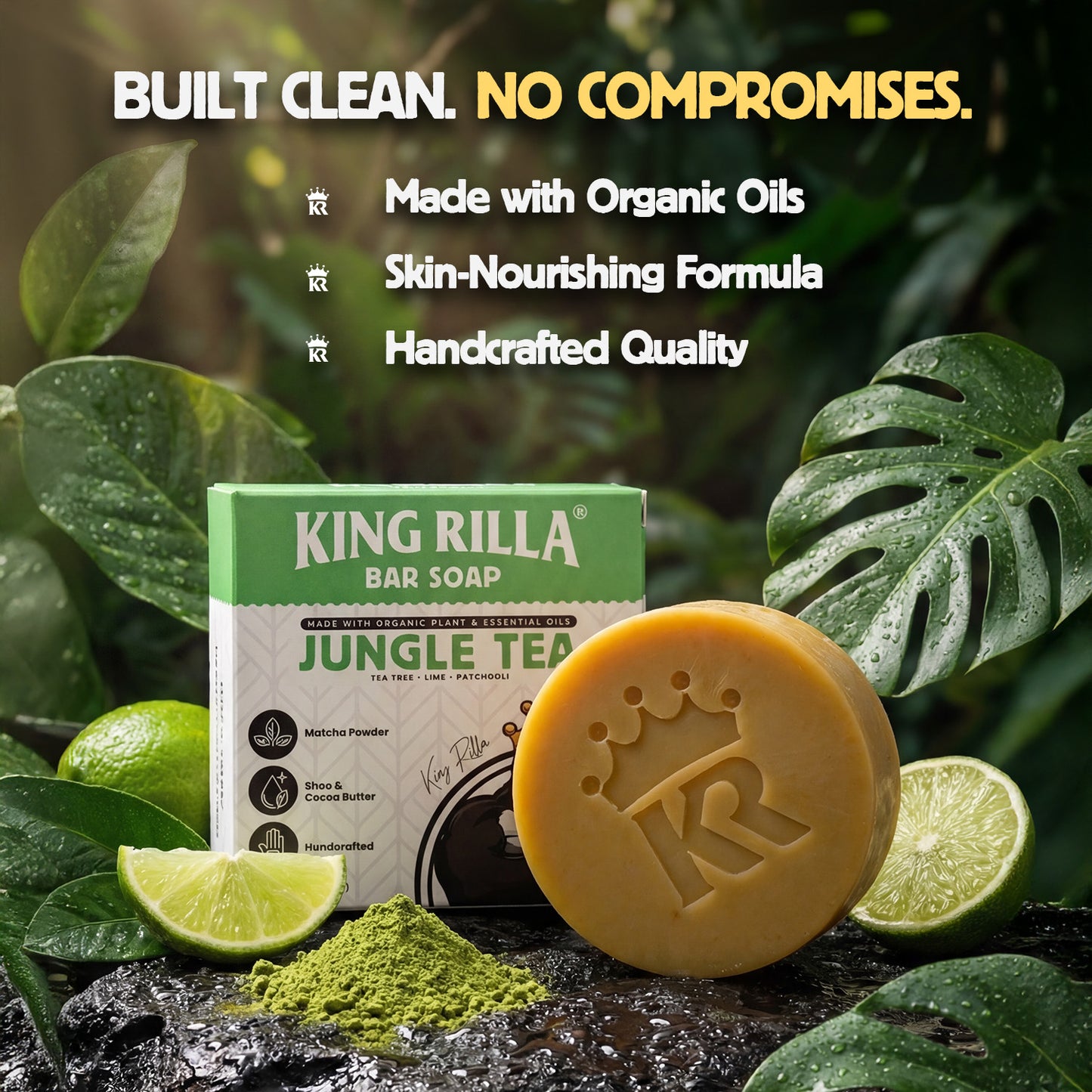King Rilla Jungle Tea bar soap with packaging on a natural background with leaves and limes.