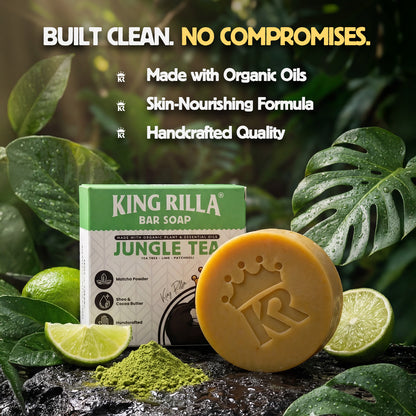 King Rilla Jungle Tea bar soap with packaging on a natural background with leaves and limes.