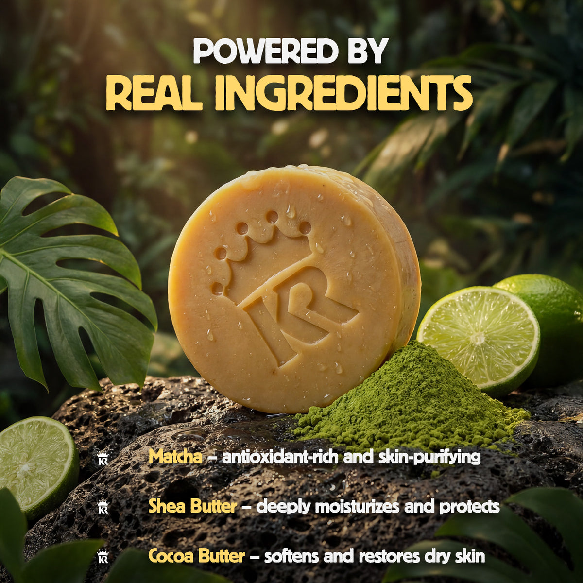 Bar of soap with a brand logo surrounded by limes and green leaves, with text about ingredients.