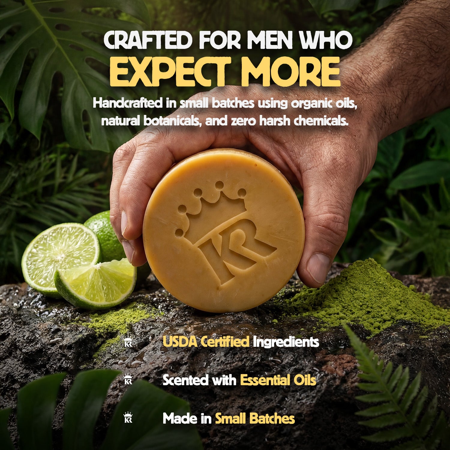 Hand holding a bar of soap with green limes and leaves in the background, featuring text about the soap's qualities.