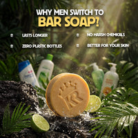 Bar of soap with promotional text about switching to bar soap, surrounded by greenery and other soaps.