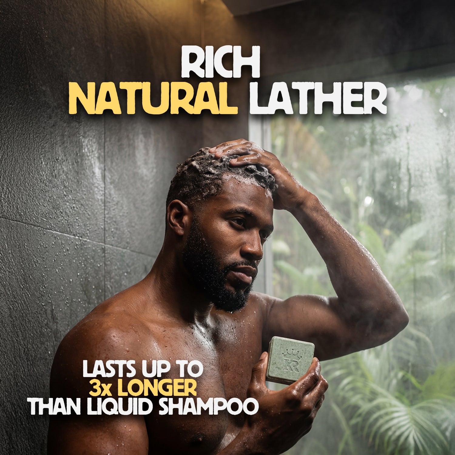 Man applying soap to his hair with 'Rich Natural Lather' branding and text about product longevity.