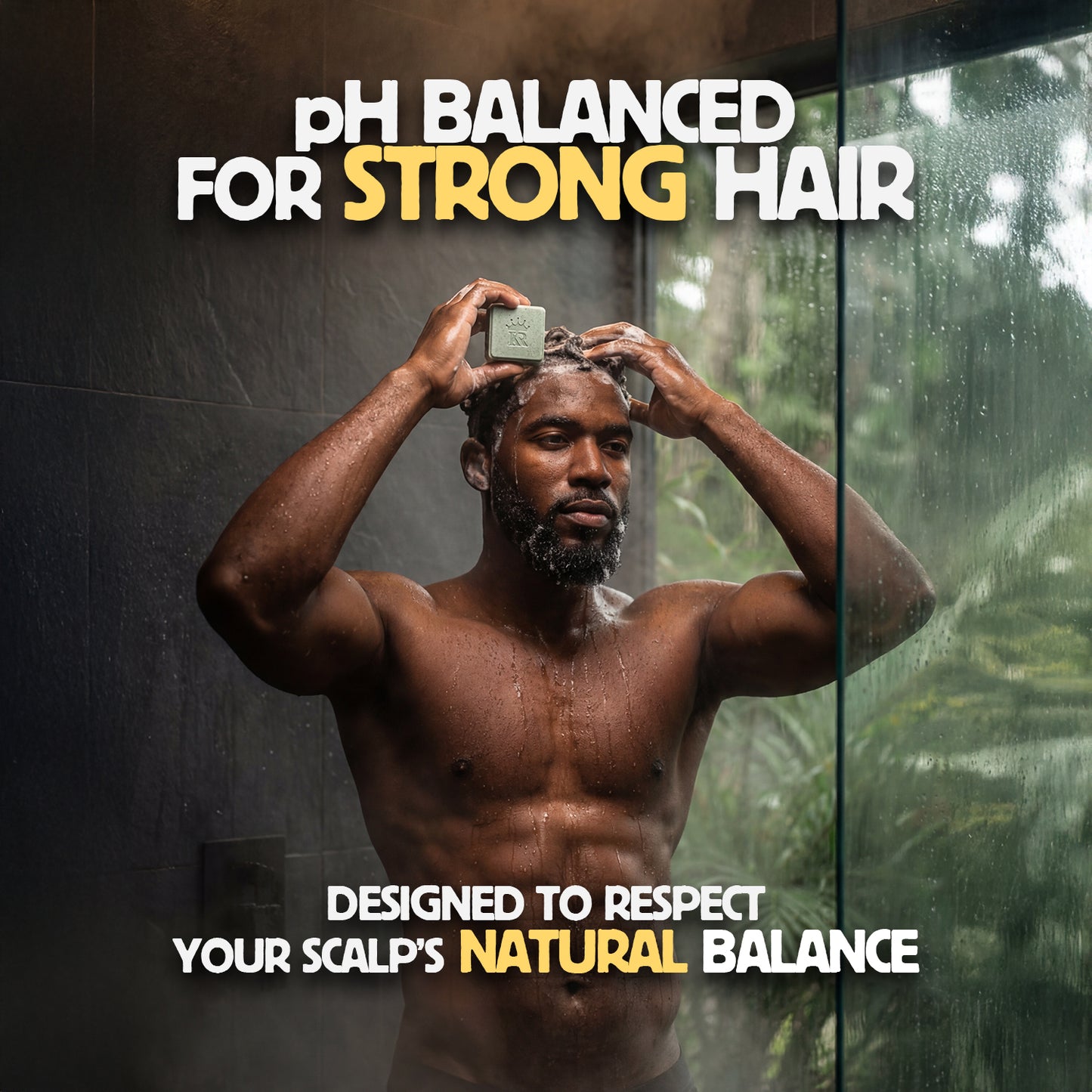 Man applying shampoo to his hair with text about pH balance for strong hair.