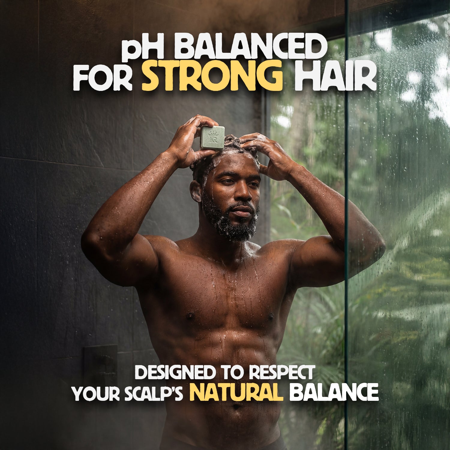 Man applying shampoo to his hair with text about pH balance for strong hair.