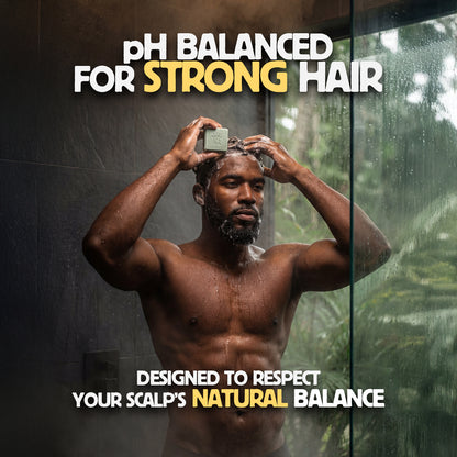 Man applying shampoo to his hair with text about pH balance for strong hair.