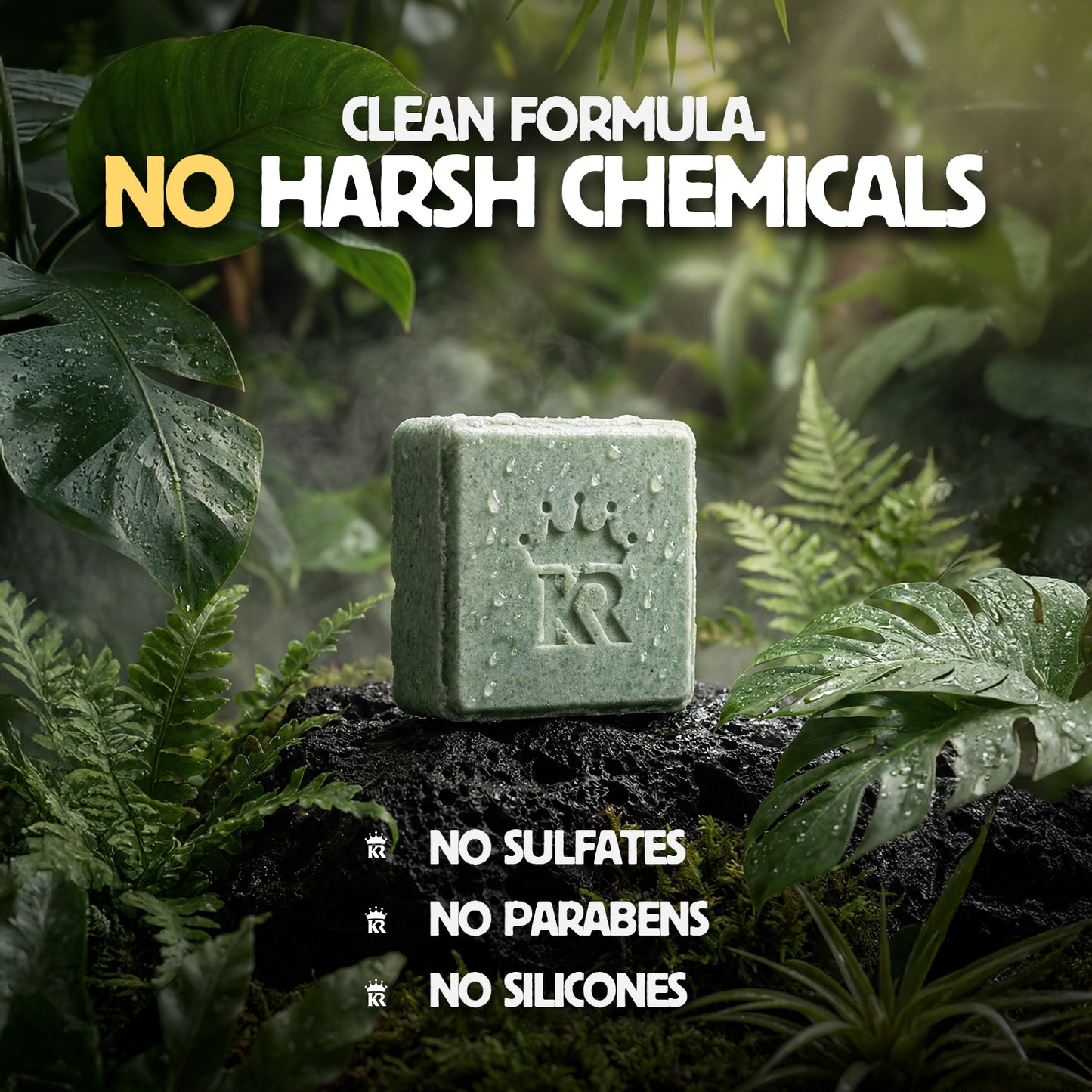 Green soap bar with a brand logo on a natural background, emphasizing natural ingredients.
