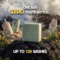 Bar of soap with branding on a natural background with text about sustainability.