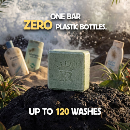 Bar of soap with branding on a natural background with text about sustainability.