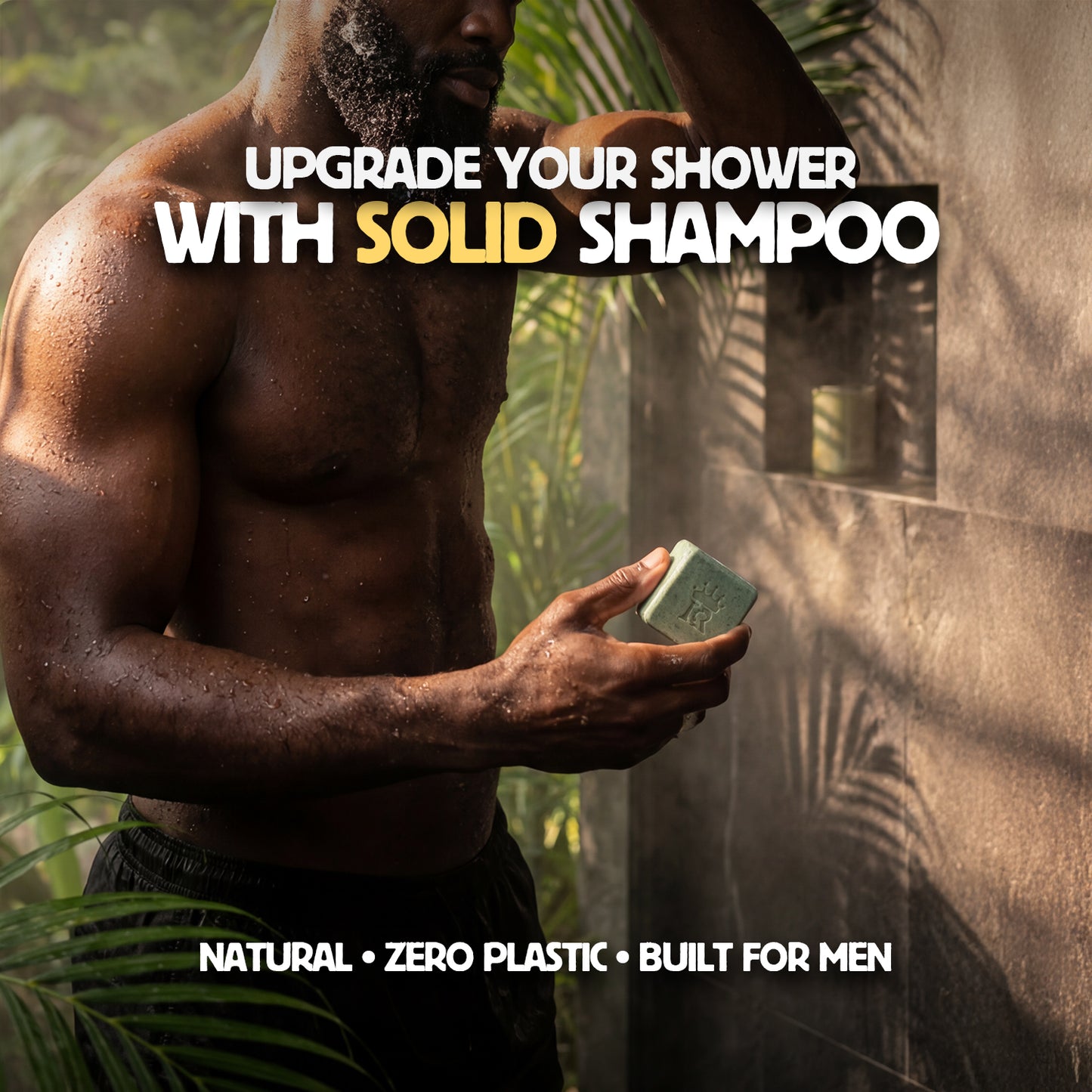 Man holding a bar of solid shampoo with text promoting it as an upgrade for shower use.