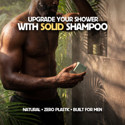Man holding a bar of solid shampoo with text promoting it as an upgrade for shower use.