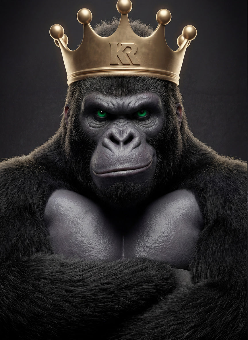 Gorilla wearing a gold crown with a logo on a dark background