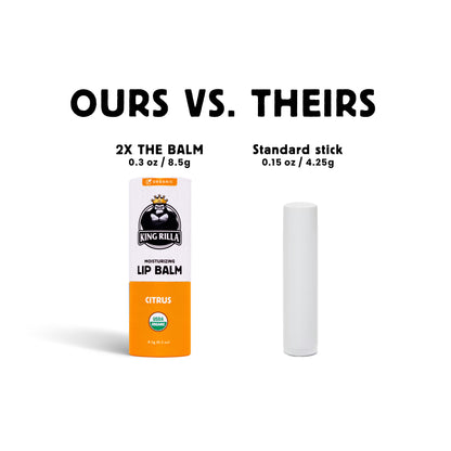 Comparison of King Billy lip balm packaging with text 'Ours vs. Theirs' on a white background.