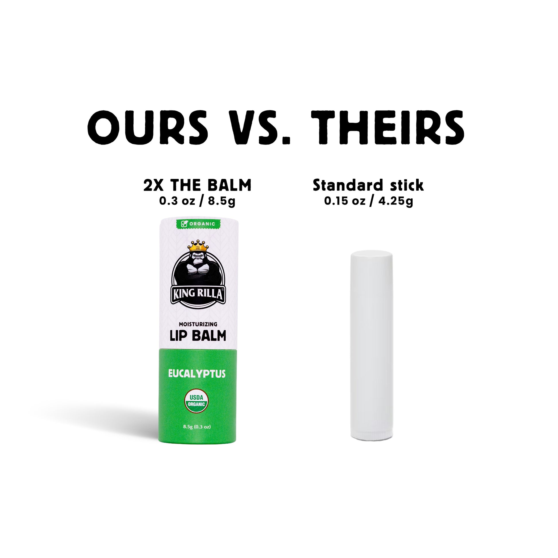 Comparison of King Billy lip balm stick size with text 'Ours vs. Theirs' on a white background.