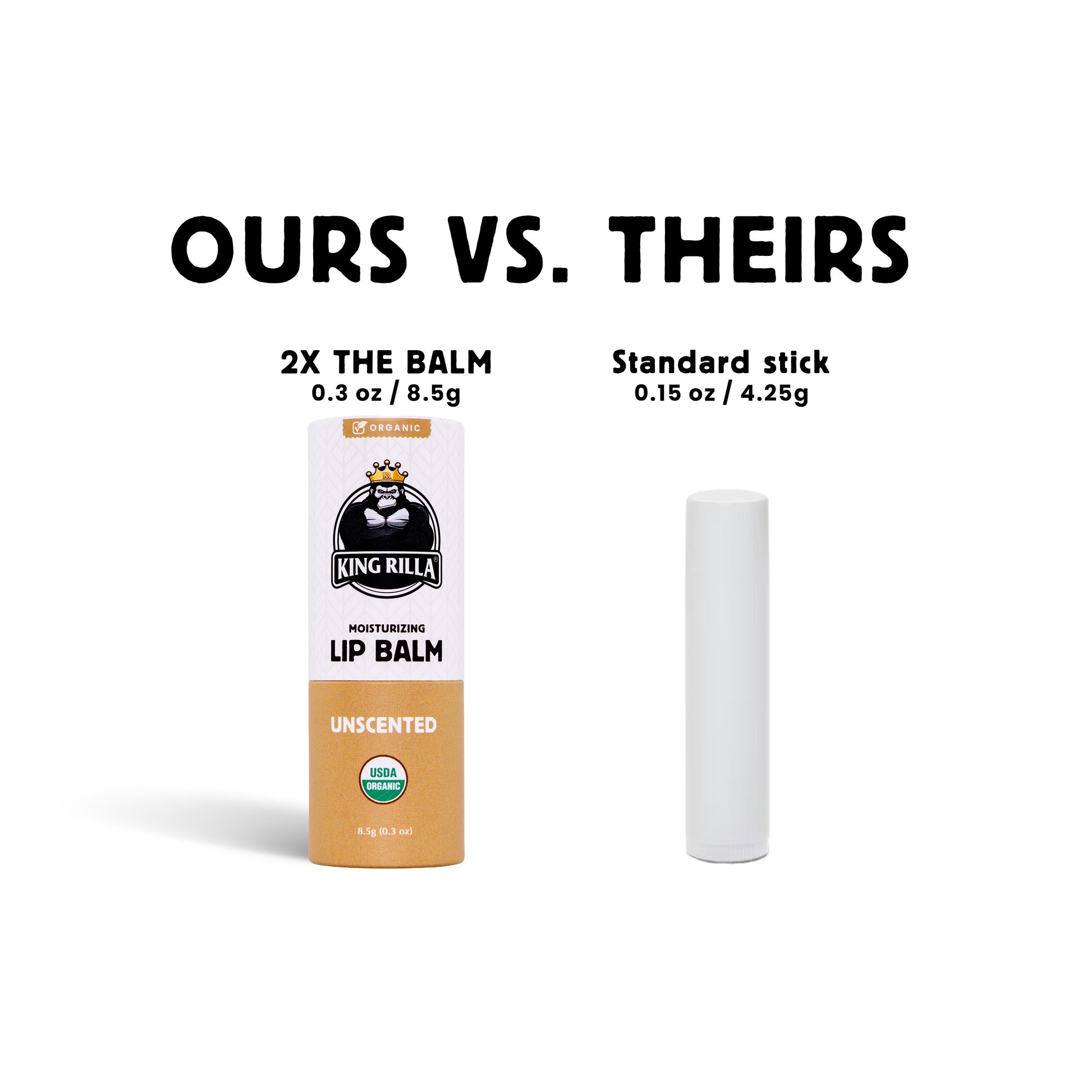 Comparison of King Rilla lip balm packaging with text 'Ours vs. Theirs' on a white background.