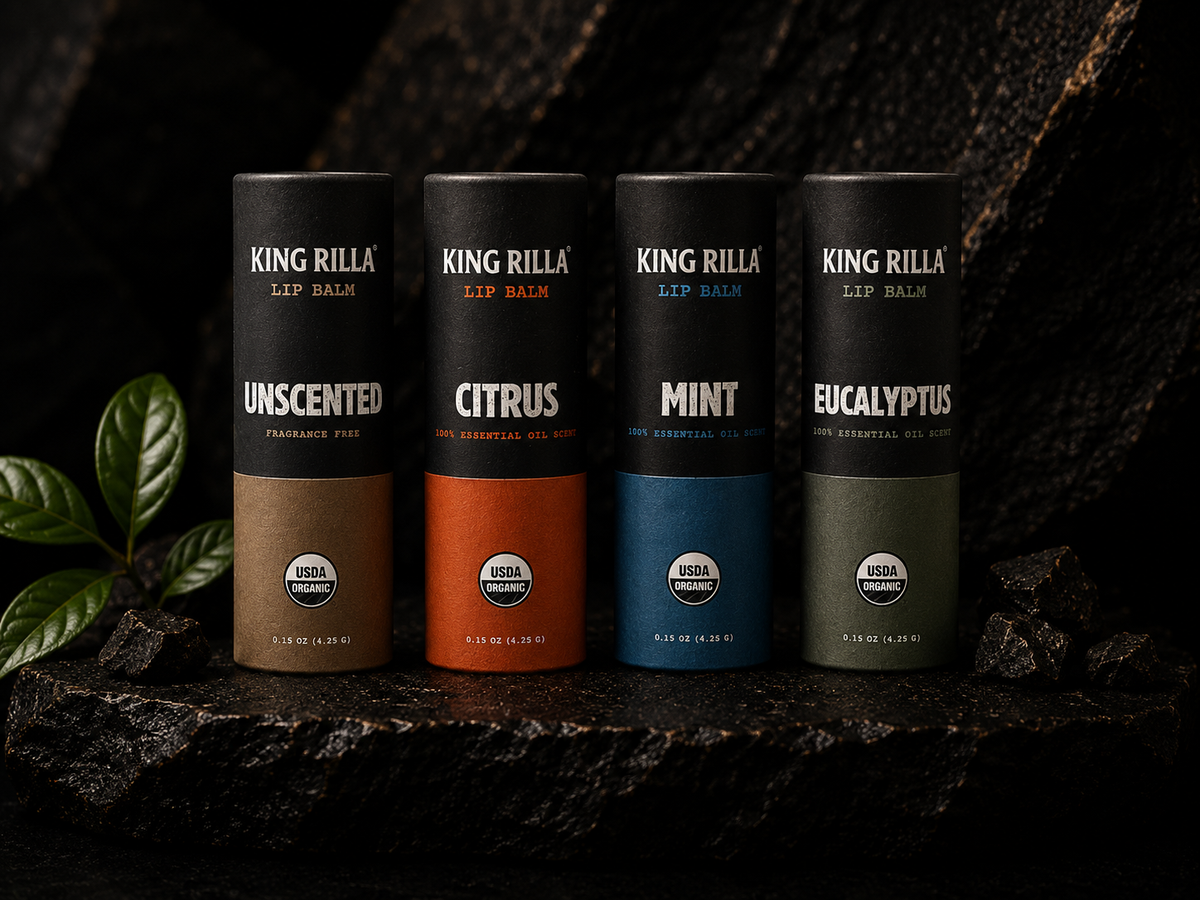 King Rilla lip balms in a dark natural setting