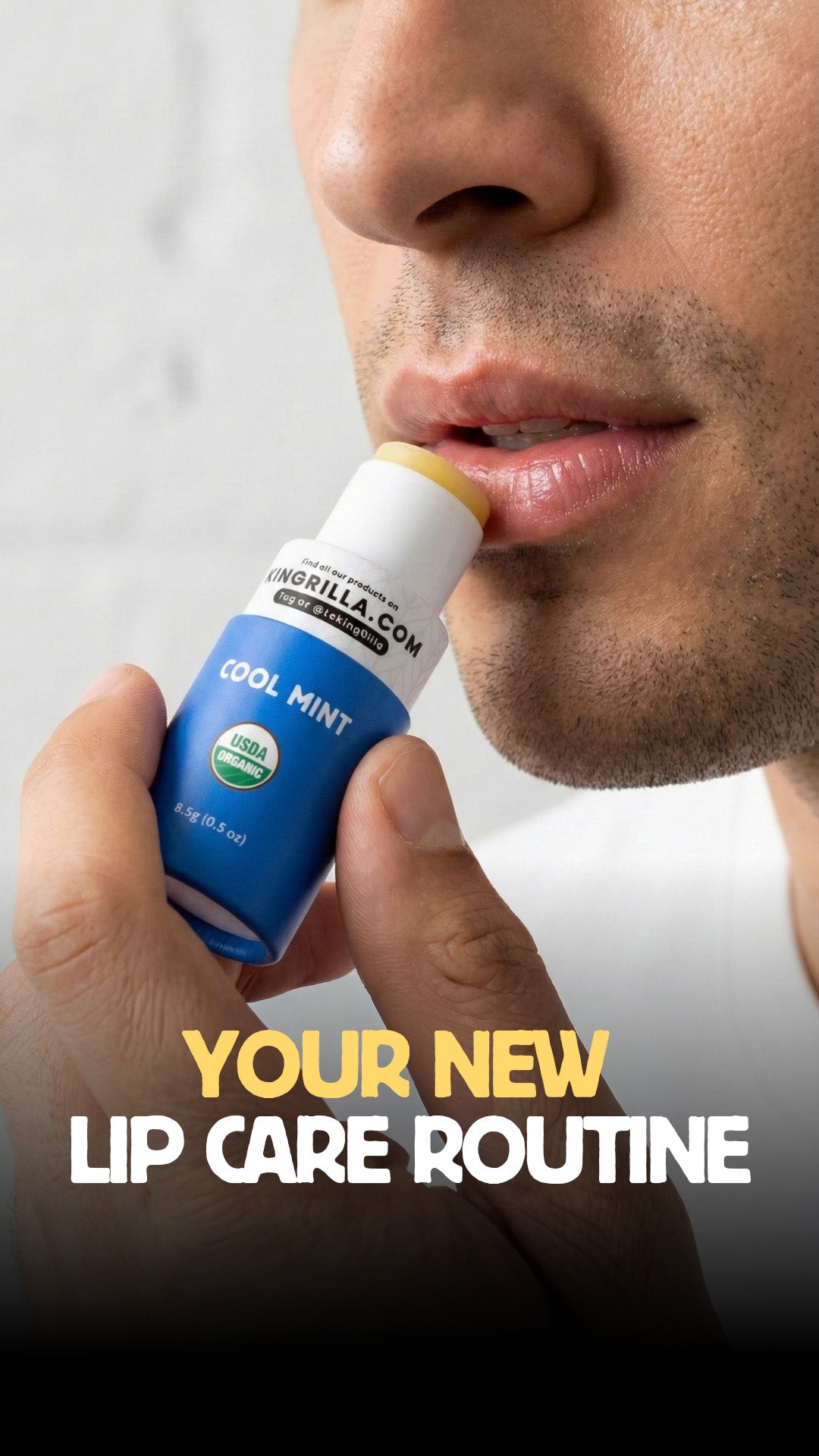 Person applying lip balm with text 'Your New Lip Care Routine' on a blurred background