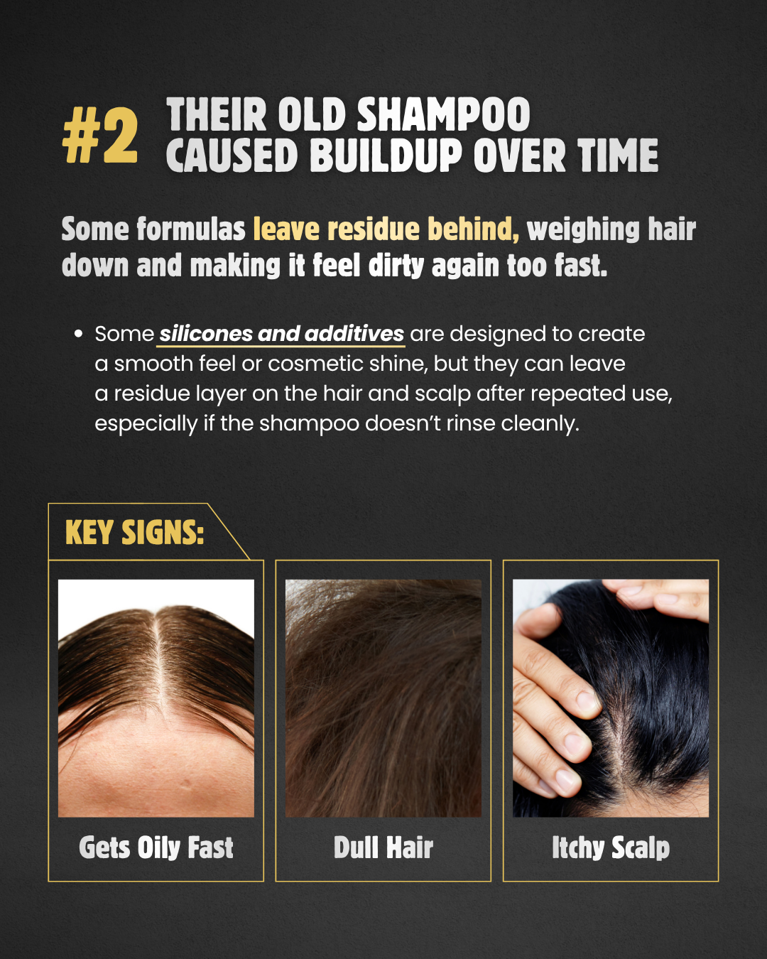 Text explaining why old shampoo can cause buildup, with key signs of buildup displayed.