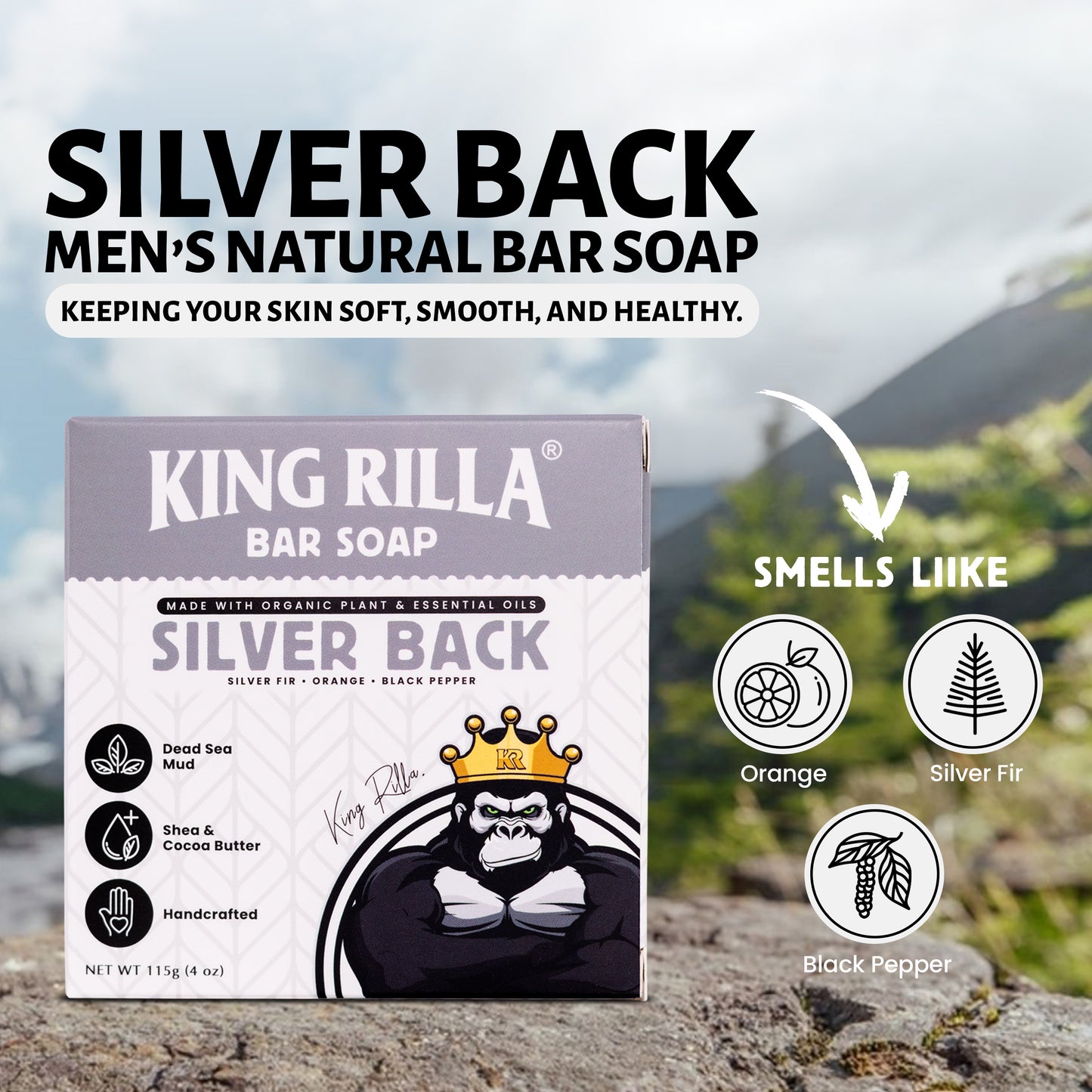King Rilla Silver Back men's natural bar soap packaging with product details on a natural background.
