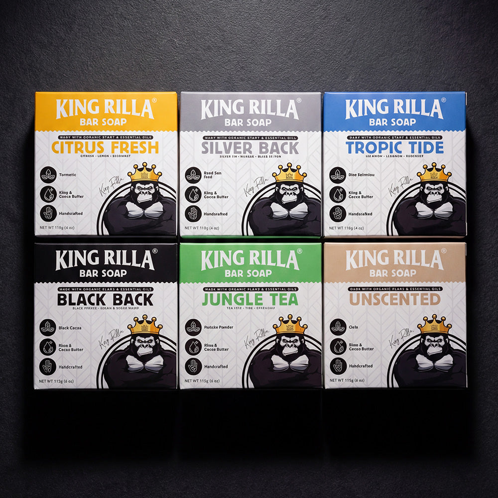 Six King Rilla bar soap packages with different scents on a dark background