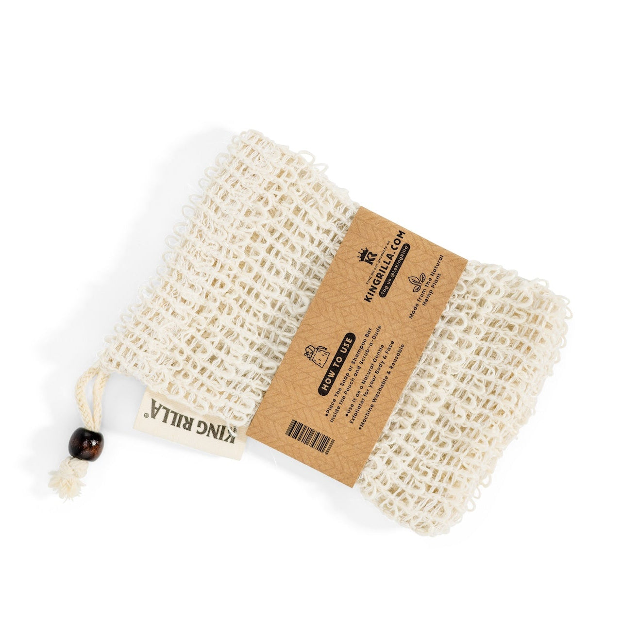 Natural fiber soap bag with a brown label on a white background