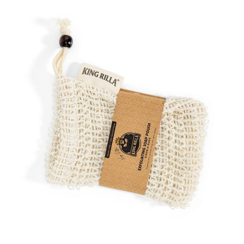 King Rilla exfoliating soap pouch with a mesh bag on a white background