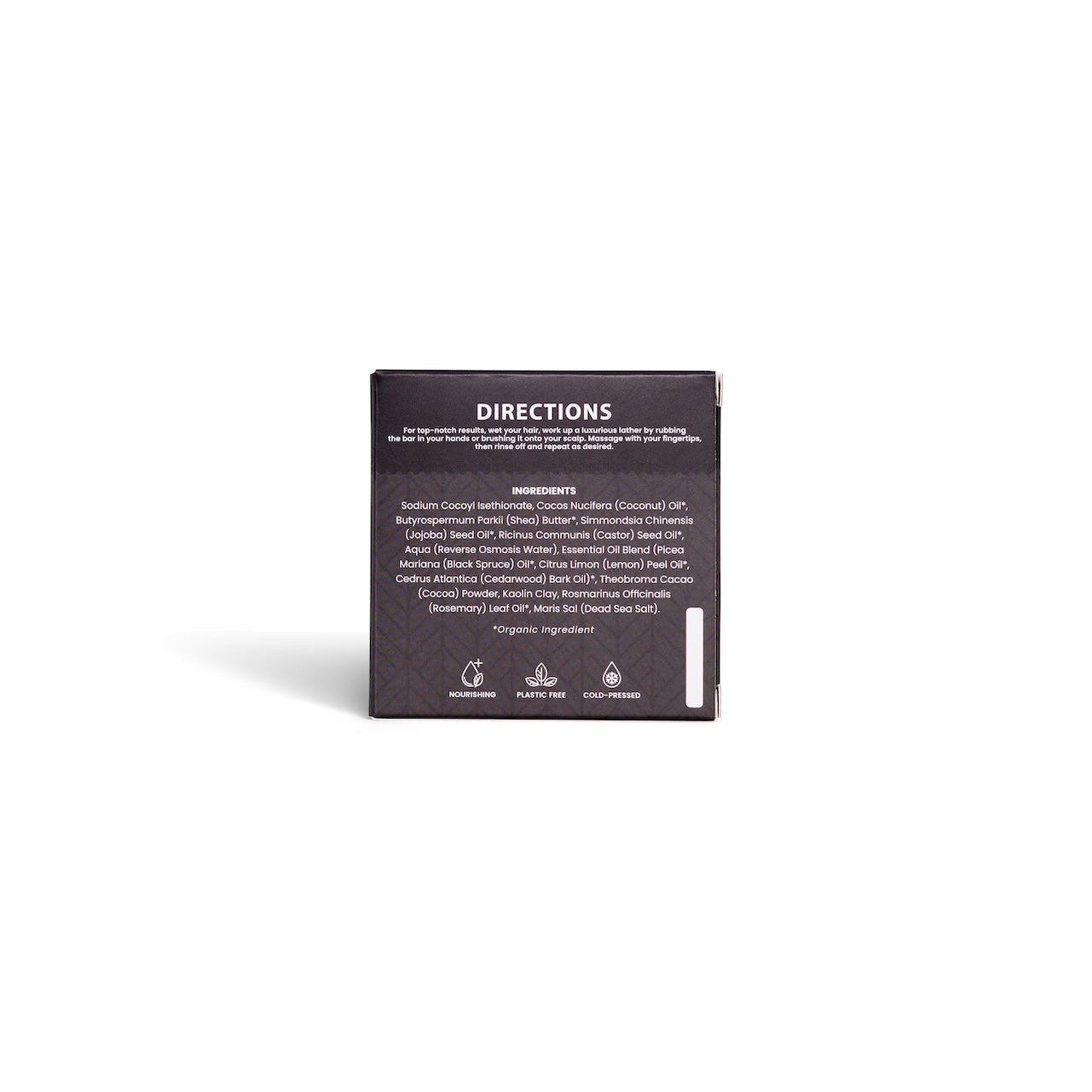 Black rectangular product packaging with 'DIRECTIONS' text on a white background