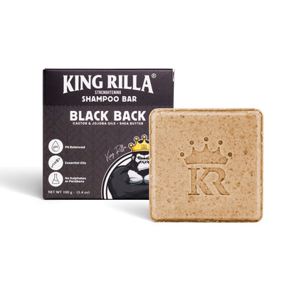 King Rilla Black Back shampoo bar with packaging on a white background