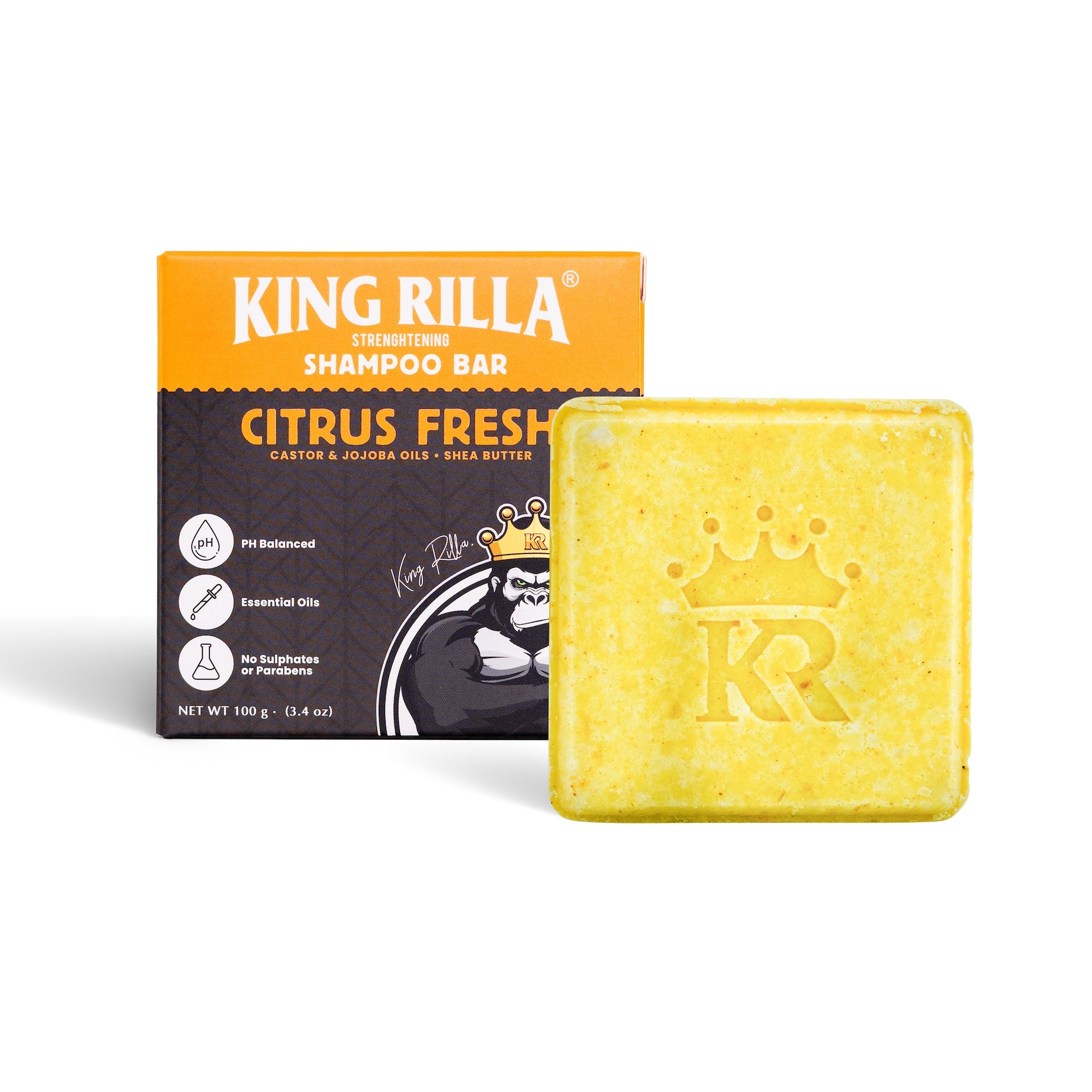 King Rilla Citrus Fresh shampoo bar with packaging on a white background
