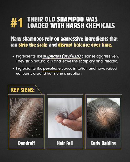 Advertisement about harsh chemicals in shampoos with images of scalp issues.