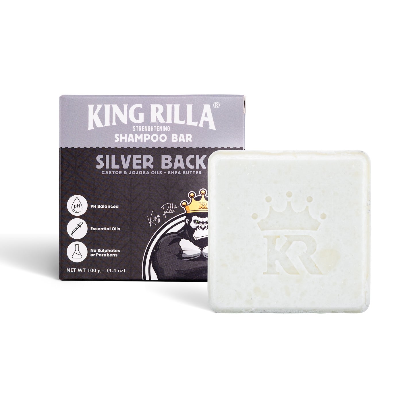 King Rilla Silver Back shampoo bar with packaging on a white background