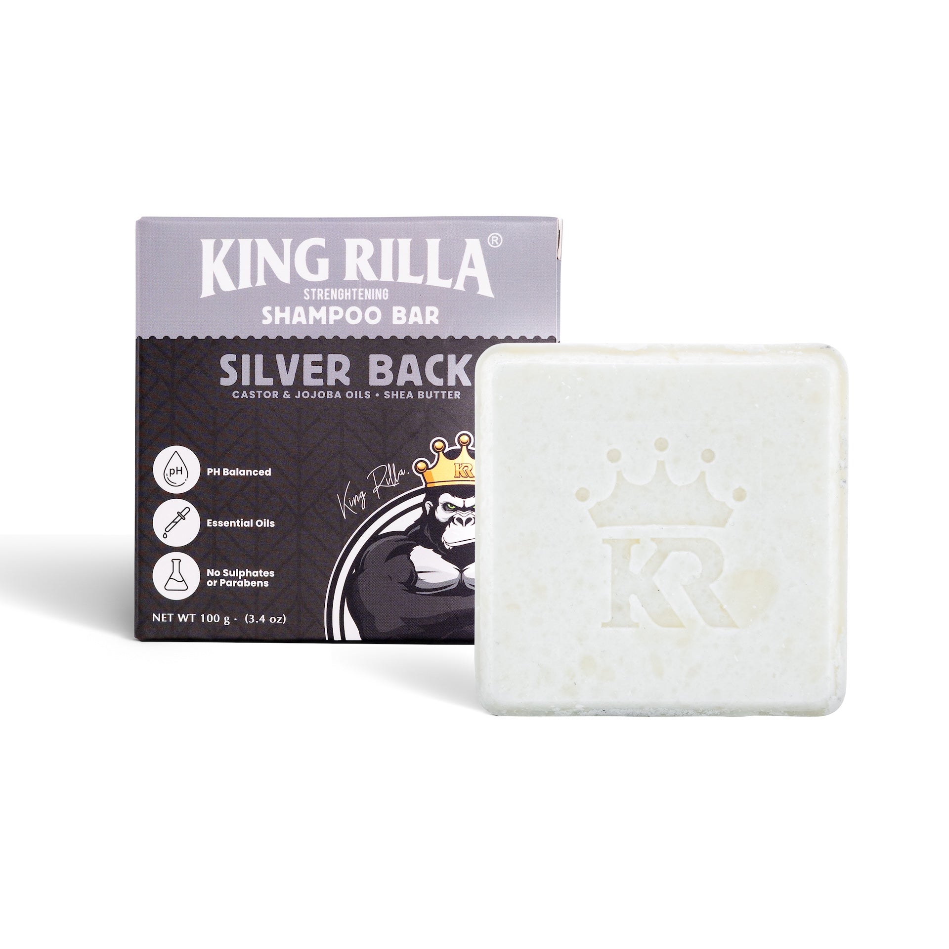 King Rilla Silver Back shampoo bar with packaging on a white background
