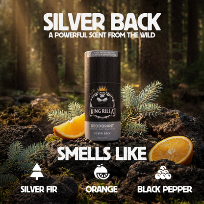 King Rilla Silver Back deodorant with forest background and citrus elements