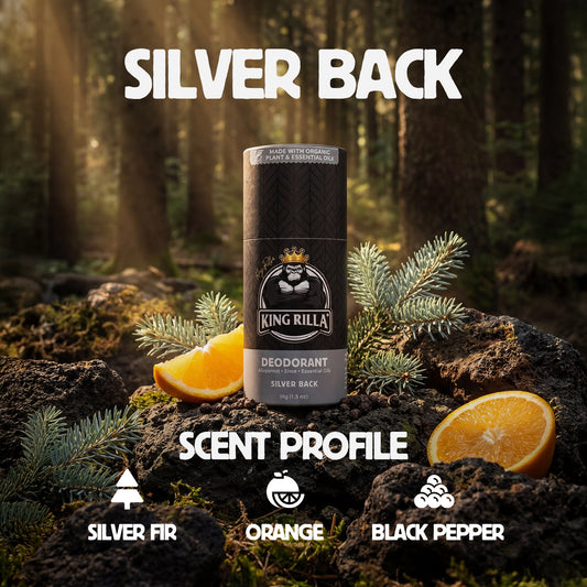 King Rilla Silver Back deodorant with oranges and tree branches on a forest background