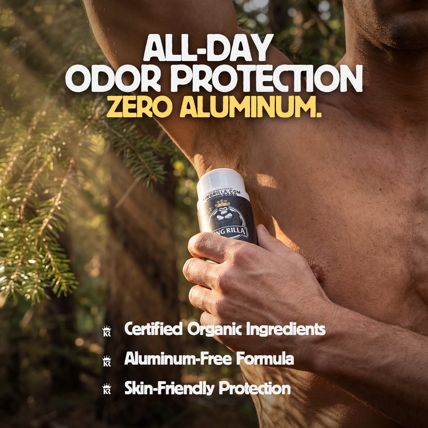 Person holding a stick of deodorant with text about all-day odor protection and zero aluminum content.