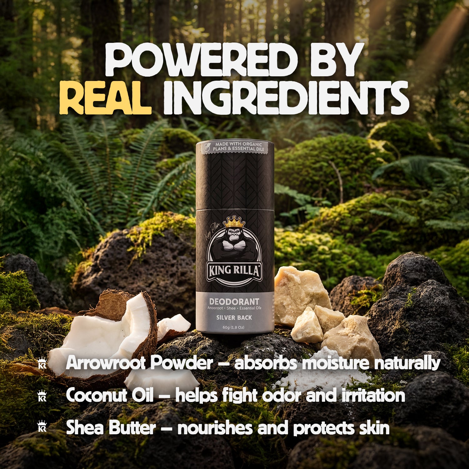 Deodorant bottle with natural ingredients text against a forest background