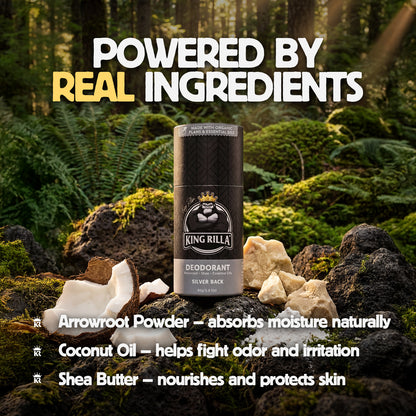 Deodorant bottle with natural ingredients text against a forest background