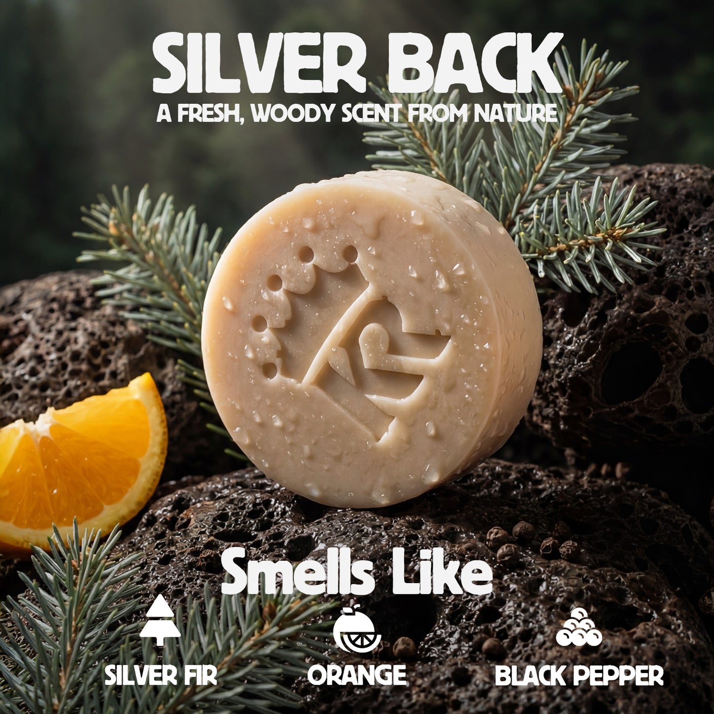 Bar of soap with a tree logo on a dark background with orange and pine branches.
