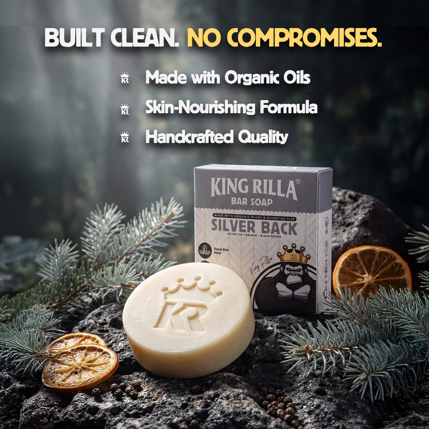 King Rilla bar soap with packaging on a natural background with text highlighting product features.
