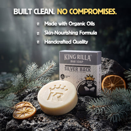 King Rilla bar soap with packaging on a natural background with text highlighting product features.