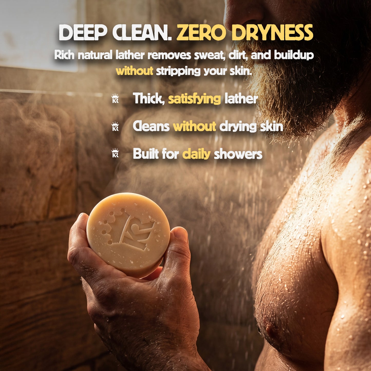 Person holding a bar of soap under a shower with product features highlighted.