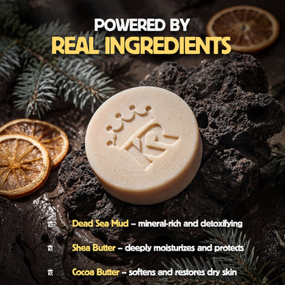 Bar of soap on a dark background with text about ingredients